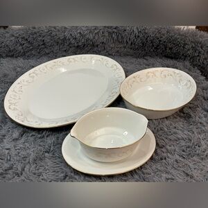 Noritake Duetto 6610 Serveware Set of 3 Gravy Boat Platter Bowl Japan Gold